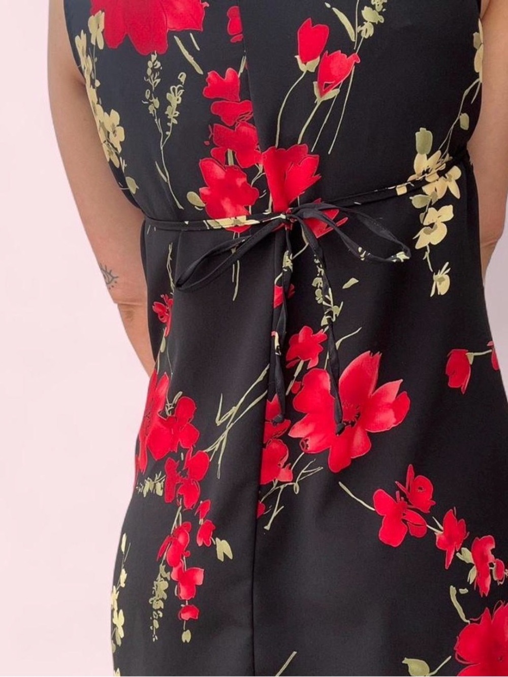 Black Floral Sheath Dress with Red & Cream Blooms - Picture 4 of 7